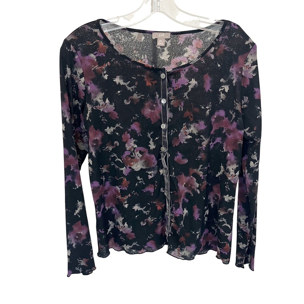 J. Jill Whimsigoth‎ Floral Mesh Top Velvet Trim Black Purple 90s - Medium Petite